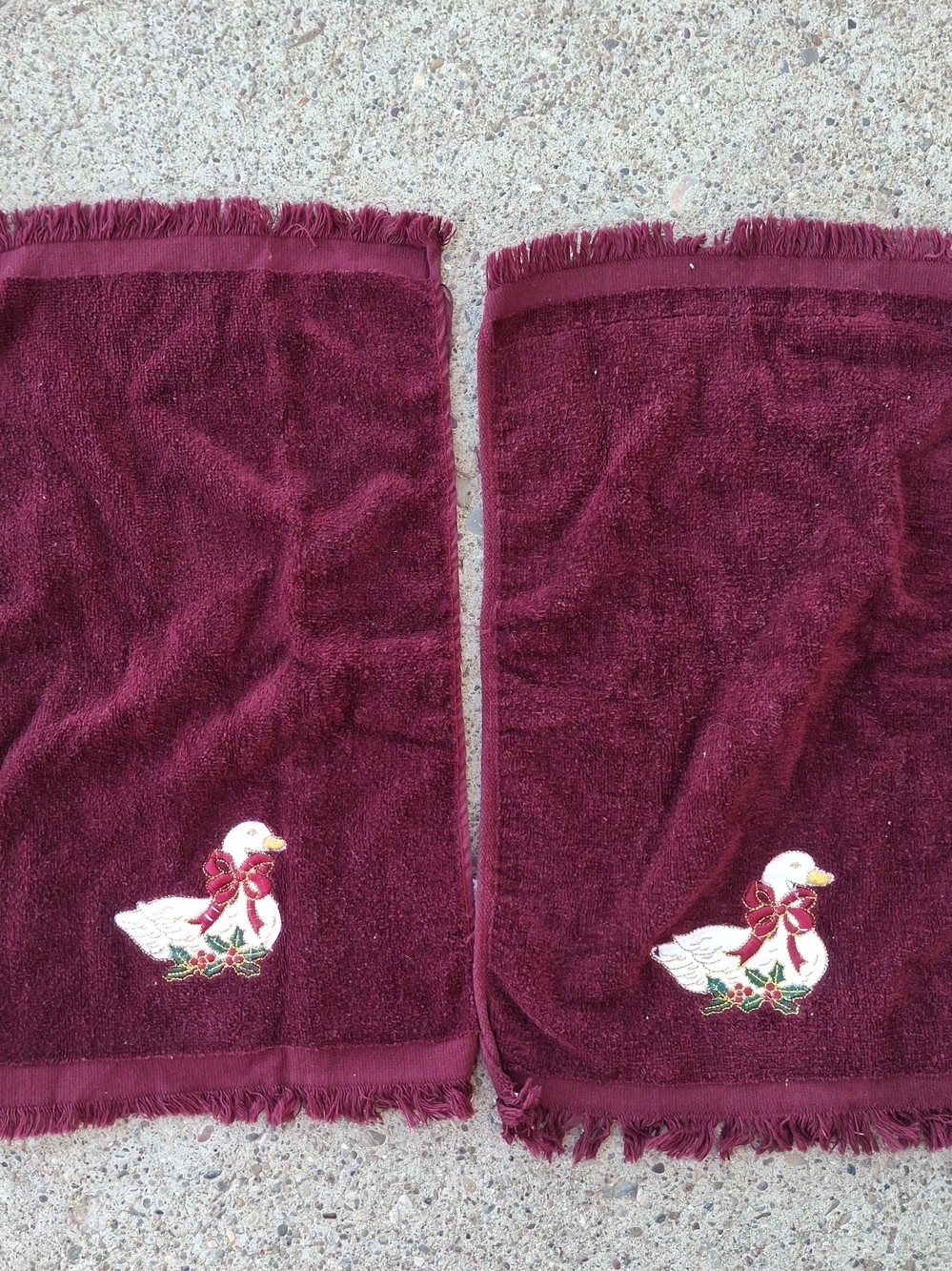Vintage Cotton Christmas Goose HandTowels With Fringe Counbtry Decor Cotton